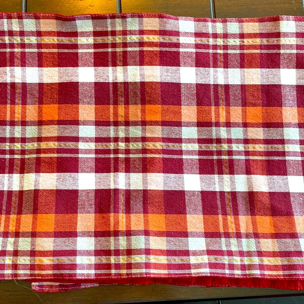 Maroon/grey/white/gold plaid table runner- 63”x12”